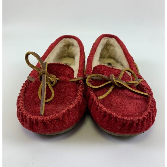 Minnetonka Cally Slipper Moccasin 4016 Faux Fur Lined Red Suede Laces Womens 6 - Picture 3 of 11
